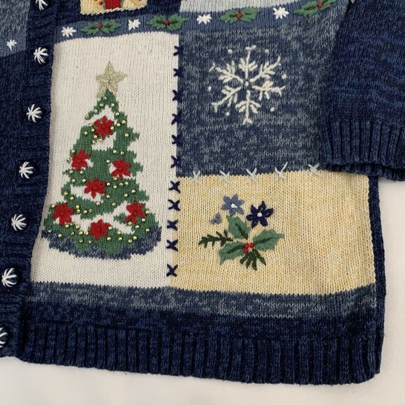 VTG Tiara Christmas Cardigan Sweater 2X Navy Crochet Knit Grandma Holiday Snow - Picture 5 of 10